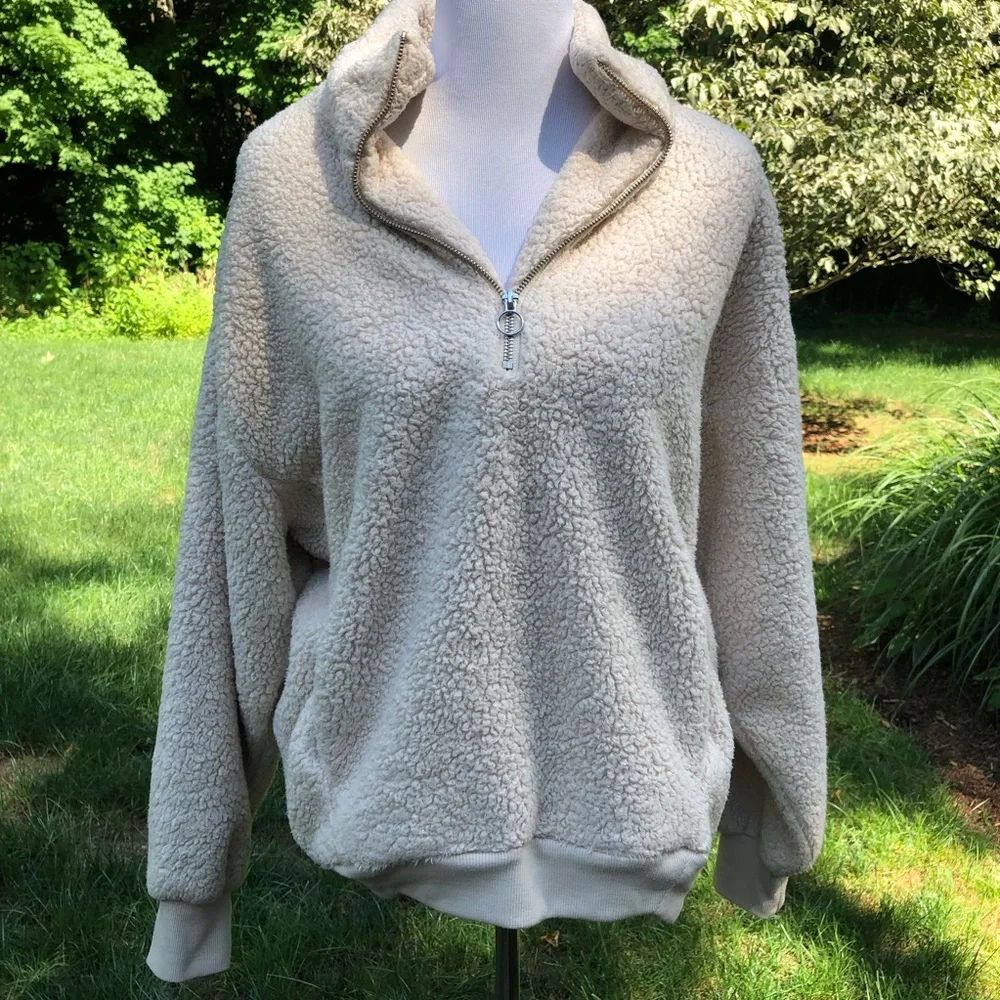 Express One Eleven Beige Sherpa Fuzzy Pullover - Picture 2 of 6